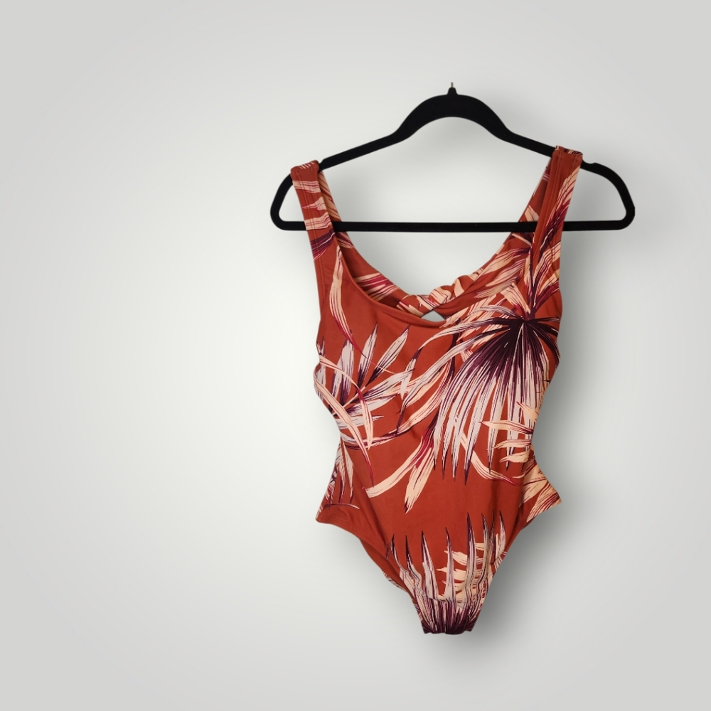 Kona Sol Rust Tropical Cutout One-Piece Swimsuit with Cream Leaf Print